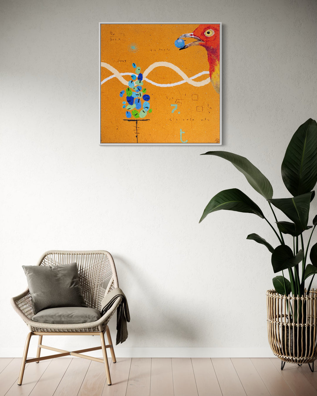 36"x36" abstract piece using crushed volcanic rock and acrylic paint with a bird and abstract forms over a yellow background. 