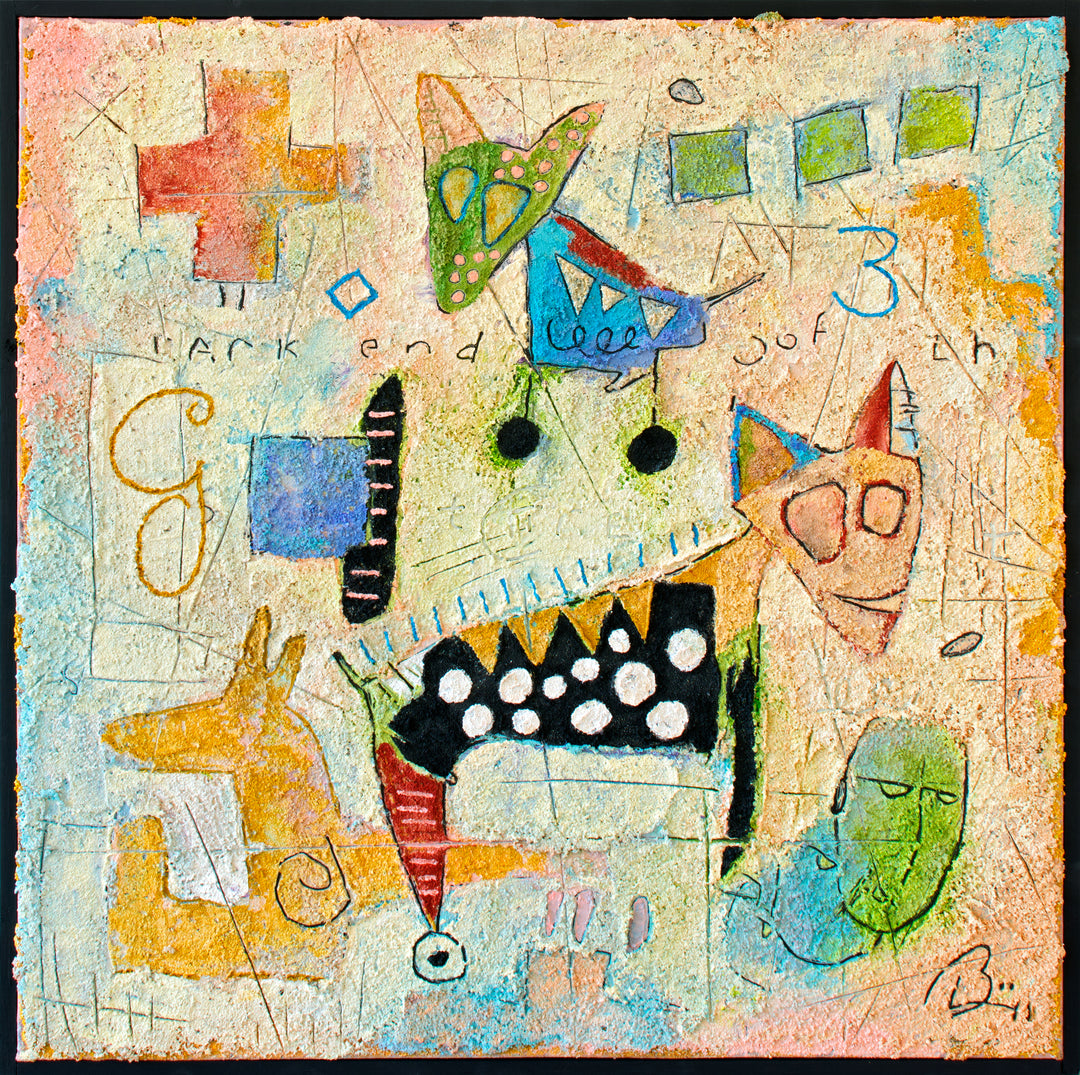 23"x23" abstract piece using crushed volcanic rock and acrylic paint with a cat-like creatures over a multi-color background. 