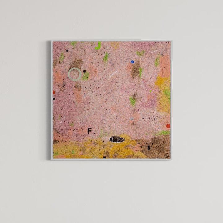 36"x36" abstract piece using crushed volcanic rock and acrylic paint featuring abstract forms over a pink and yellow background. 