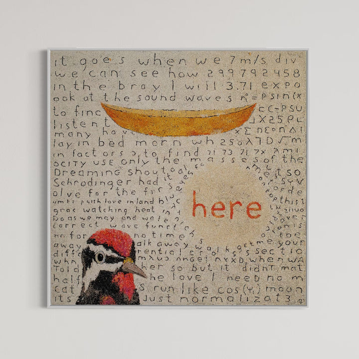 48"x48" abstract piece using crushed volcanic rock and acrylic paint featuring a beige background. 
