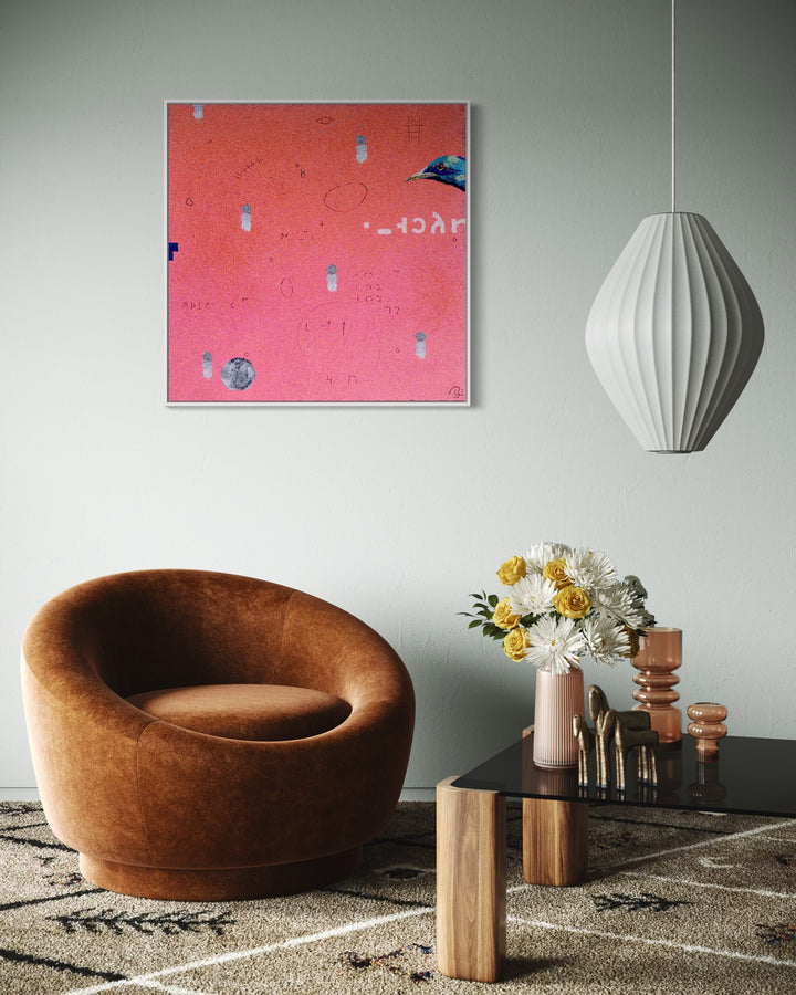 36"x36" abstract piece using crushed volcanic rock and acrylic paint with a bird and abstract forms over a pink and orange background. 