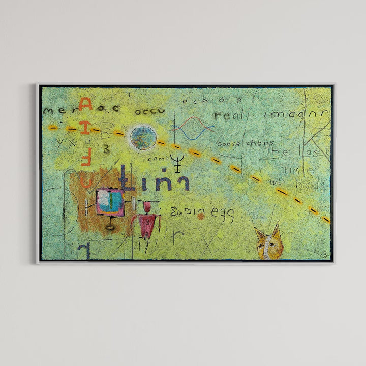 36"x60" abstract piece using crushed volcanic rock and acrylic paint featuring wording and designs over an aqua, yellow and green background. 