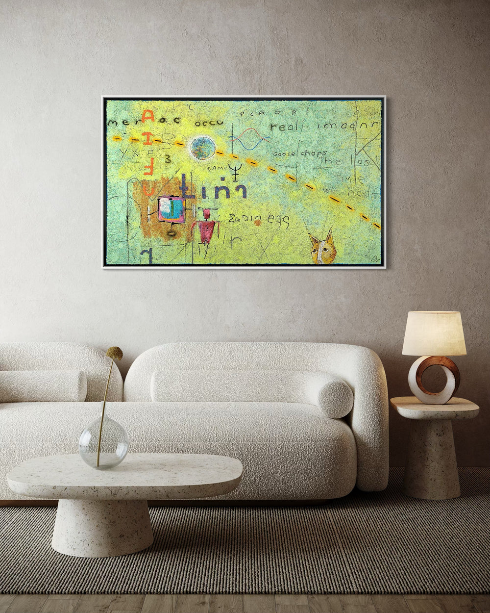 36"x60" abstract piece using crushed volcanic rock and acrylic paint featuring wording and designs over an aqua, yellow and green background. 