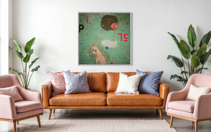 48"x48" abstract piece using crushed volcanic rock and acrylic paint featuring a dog and other details over an aqua background.
