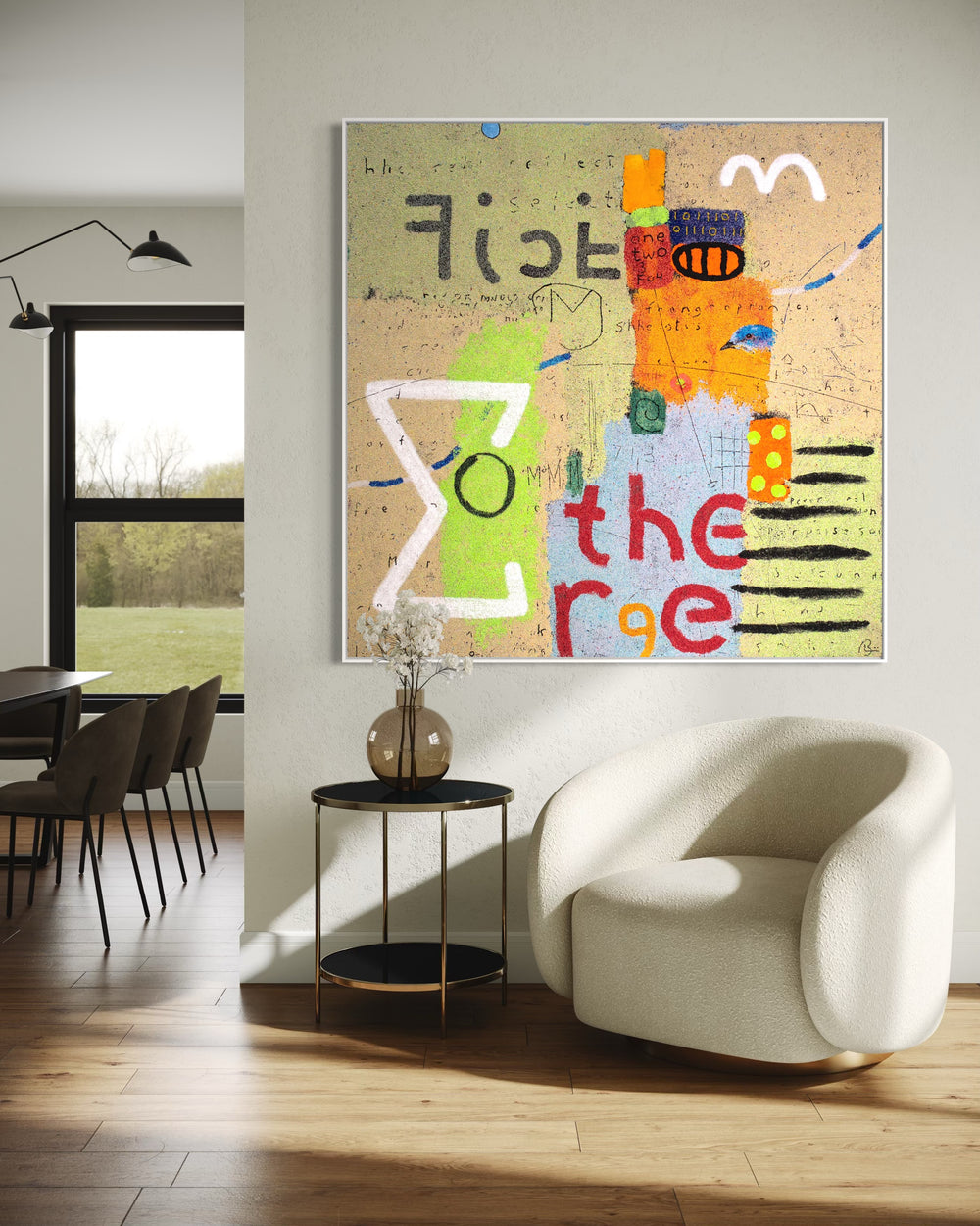 60"x60" abstract piece using crushed volcanic rock and acrylic paint featuring abstract forms over a green and beige background. 