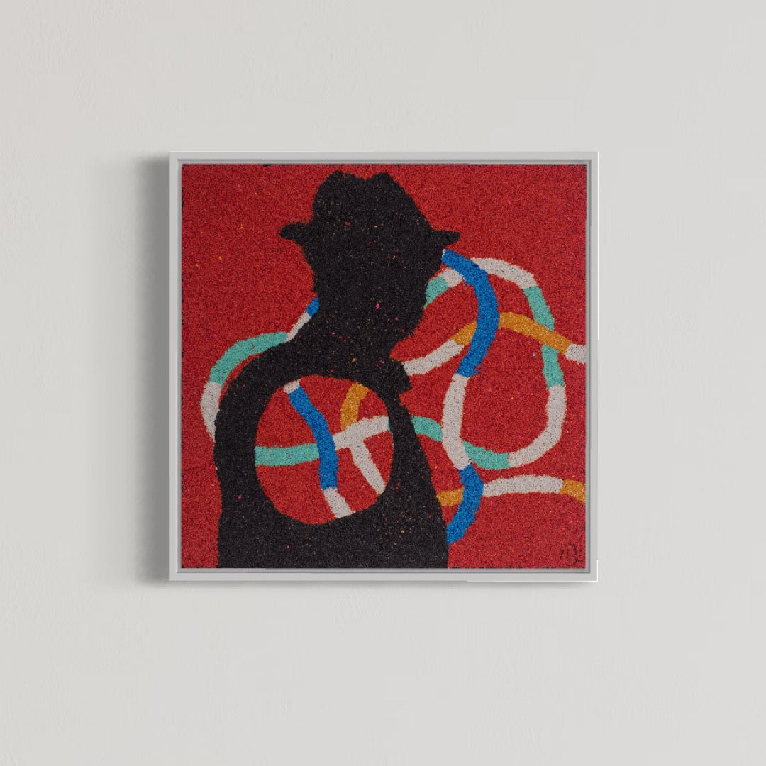 20"x20" abstract piece using crushed volcanic rock and acrylic paint with a silhouette of a man over abstract forms and a red background.  