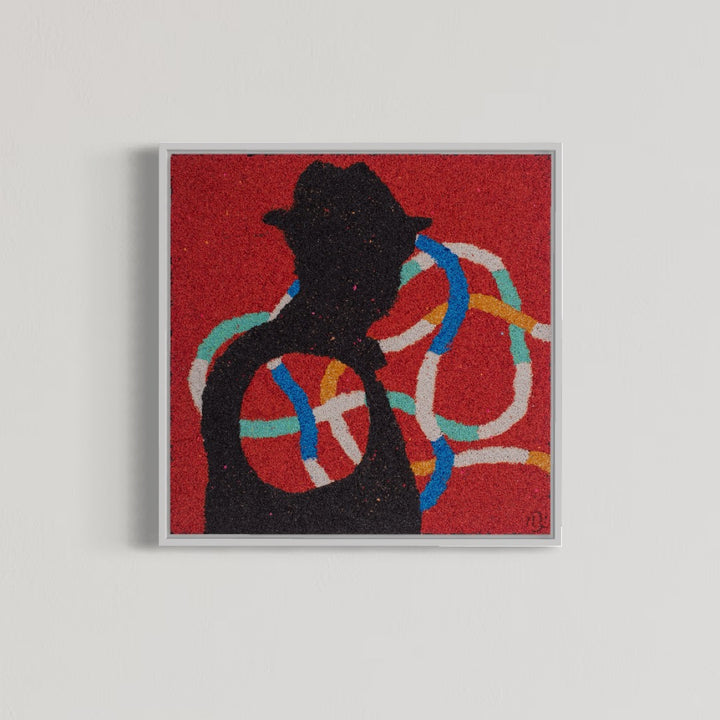 20"x20" abstract piece using crushed volcanic rock and acrylic paint with a silhouette of a man over abstract forms and a red background.  