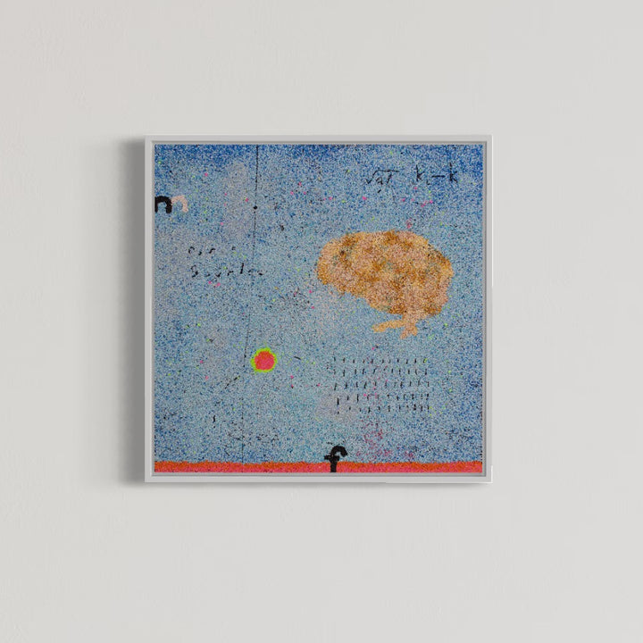 20"x20" abstract piece using crushed volcanic rock and acrylic paint featuring abstract forms over a blue background. 