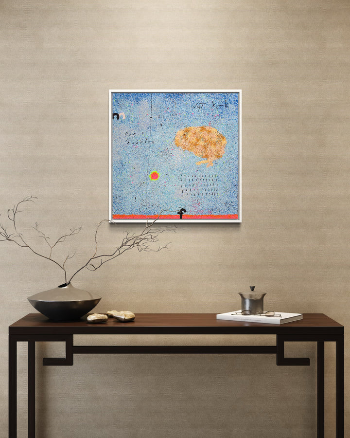 20"x20" abstract piece using crushed volcanic rock and acrylic paint featuring abstract forms over a blue background. 