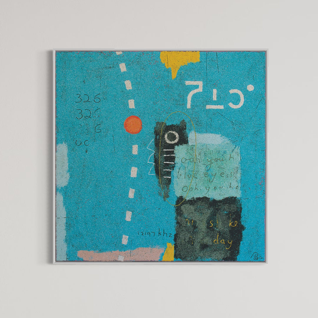 48"x48" abstract piece using crushed volcanic rock and acrylic paint featuring designs over a blue background with orange and yellow details. 