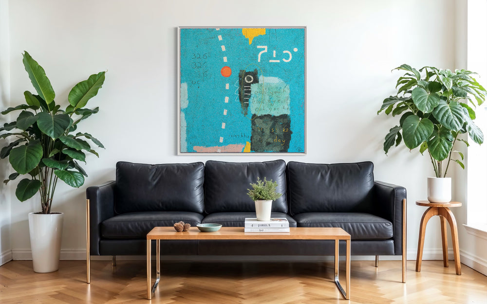 48"x48" abstract piece using crushed volcanic rock and acrylic paint featuring designs over a blue background with orange and yellow details. 