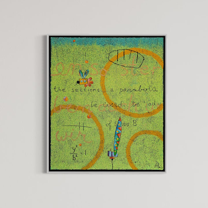 23"x23" abstract piece using crushed volcanic rock and acrylic paint with greens, yellows and blue. 