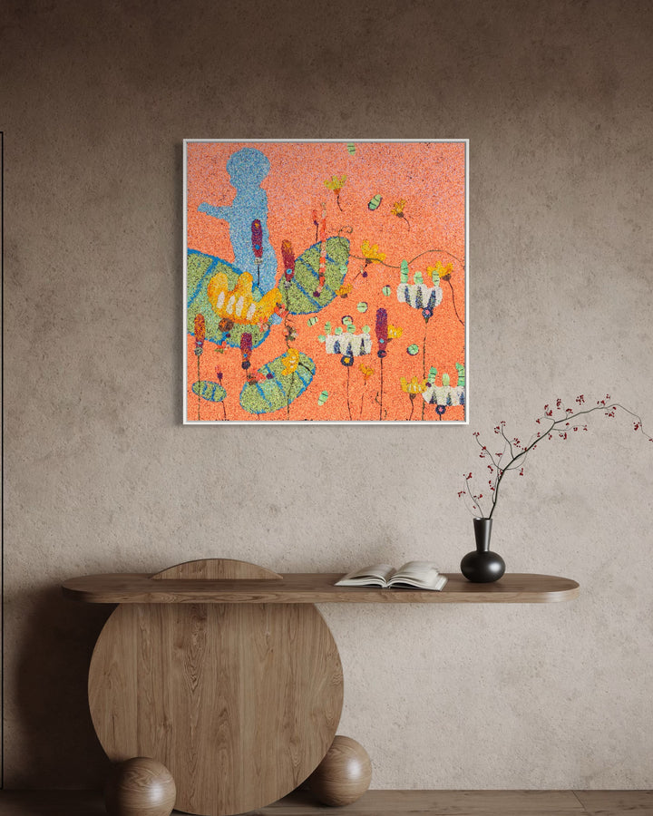 20"x20" abstract piece using crushed volcanic rock and acrylic paint with a child&