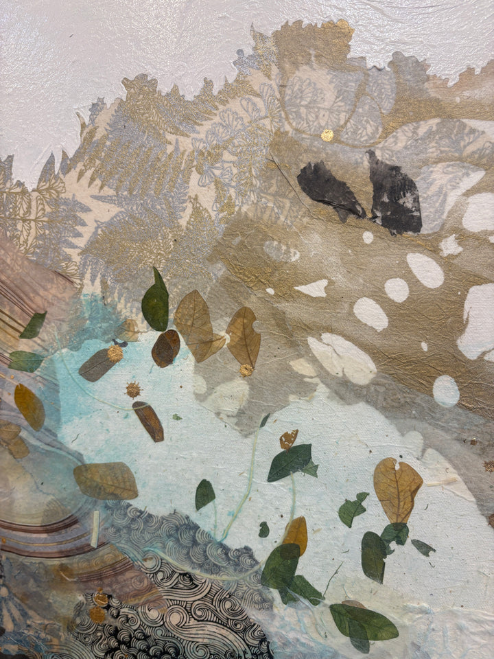"Born to Bloom" by Christopher Peter — a mixed-media collage painting on canvas depicting a woman&