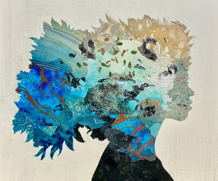 "Born to Bloom" by Christopher Peter — a mixed-media collage painting on canvas depicting a woman&