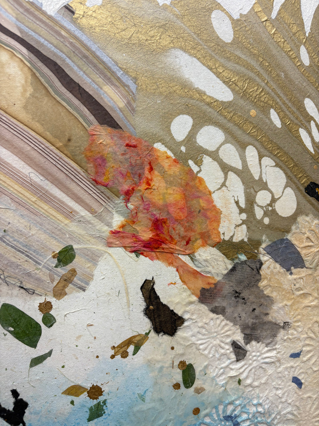 Macro detail of Born to Bloom by Christopher Peter — showing layered handmade papers, pressed botanical elements, gold leaf, and textured acrylic collage materials on canvas