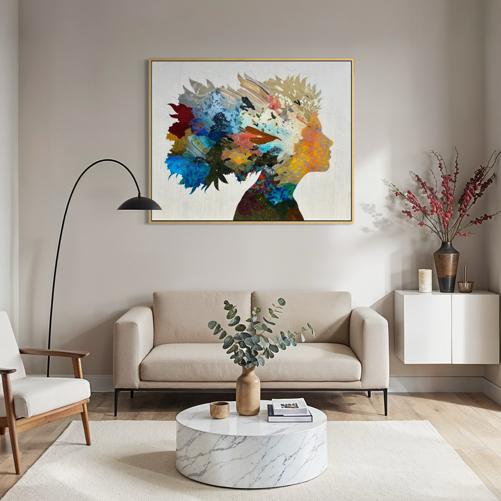Born to Bloom by Christopher Peter displayed in a modern living room above a neutral sofa, showing the painting's scale and presence as a large-format statement piece