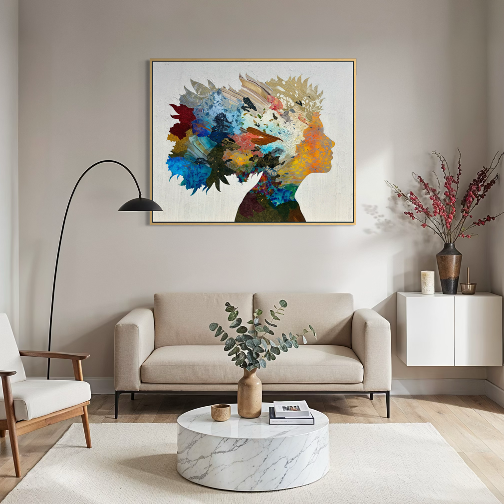 Born to Bloom by Christopher Peter displayed in a modern living room above a neutral sofa, showing the painting&