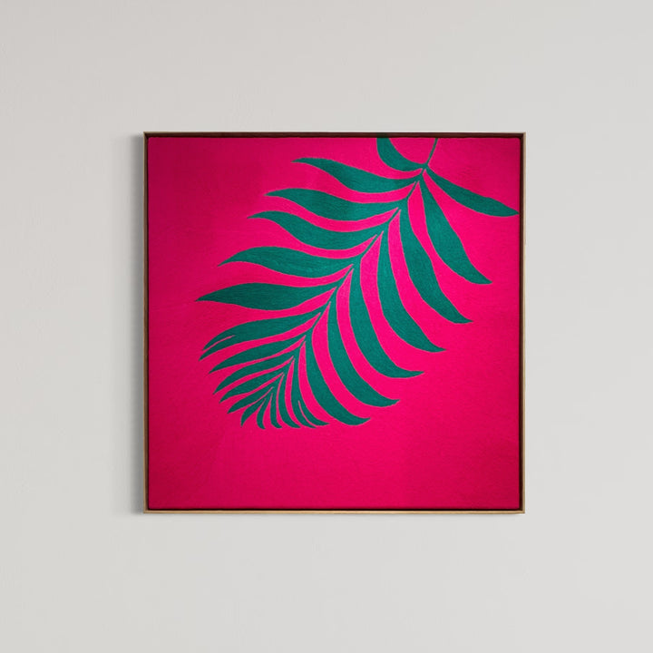 42.5"x42.5" chain-stitched textile with a tropical leaf over a bright pink background. 