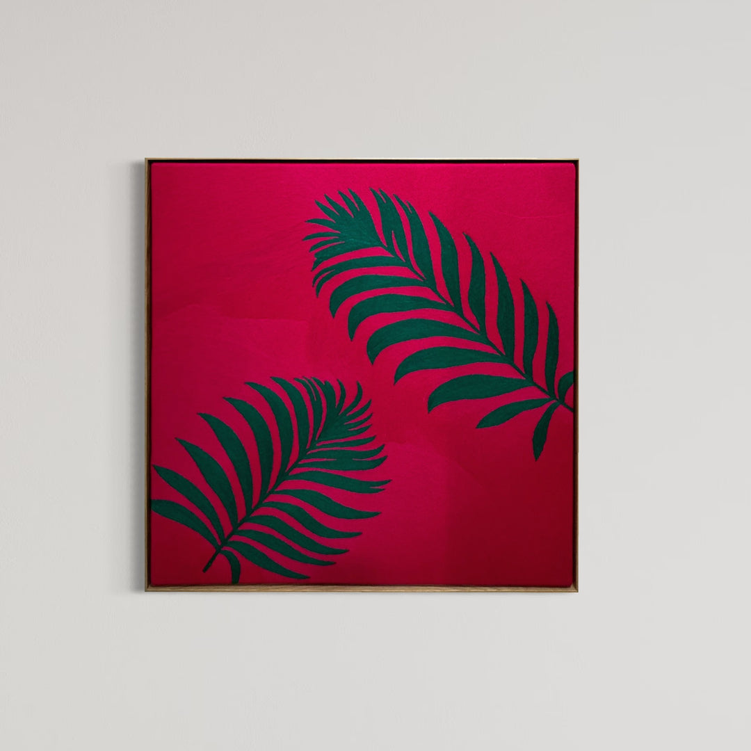 42.5"x42.5" chain-stitched textile with two tropical leafs over a bright pink background. 
