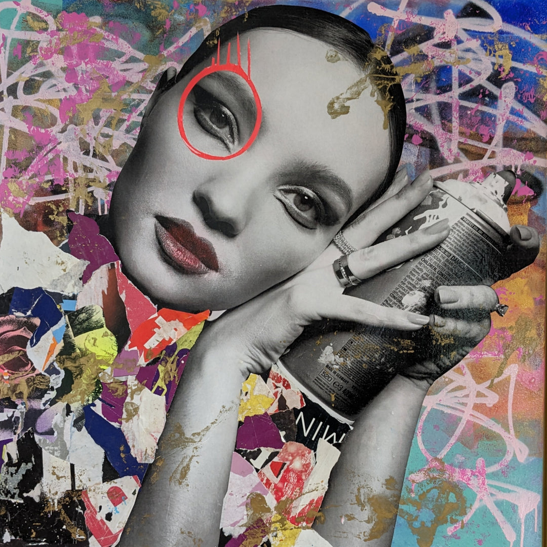 36" x 36" Acrylic paint, spray paint, wheat-paste, vintage advertisements, printed fragments on canvas. Woman posed with a paint can surrounded by colorful graphics with DAIN's signature circle around her left eye. 