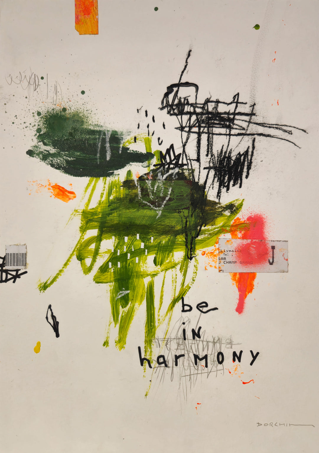 Abstract mixed media artwork on paper by Laurent Dorchin in black, pink, green and white. Organic linework and minimal illustrations with collage and text elements.