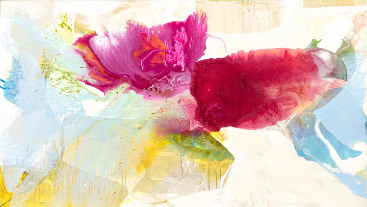abstract expressionism painting mixed media organic shapes layered colors bright pink yellow and blue