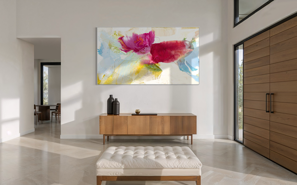 abstract expressionism painting mixed media organic shapes layered colors bright pink yellow and blue