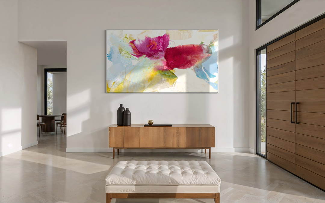 abstract expressionism painting mixed media organic shapes layered colors bright pink yellow and blue
