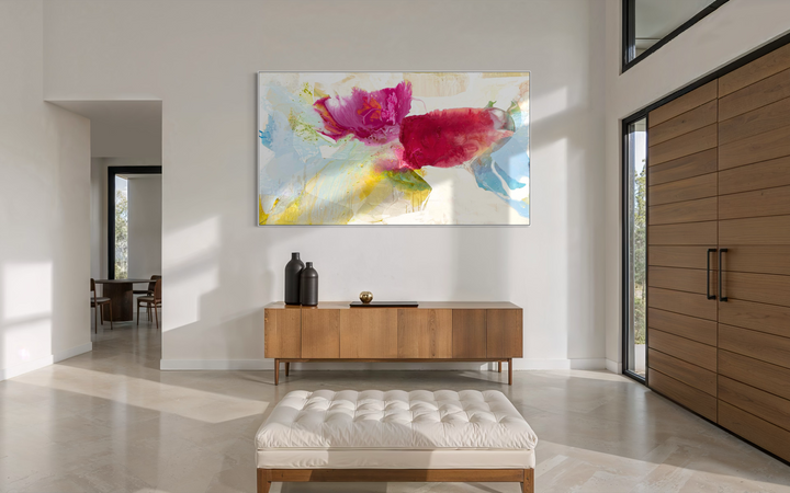 abstract expressionism painting mixed media organic shapes layered colors bright pink yellow and blue