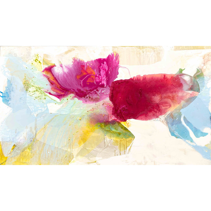 abstract expressionism painting mixed media organic shapes layered colors bright pink yellow and blue