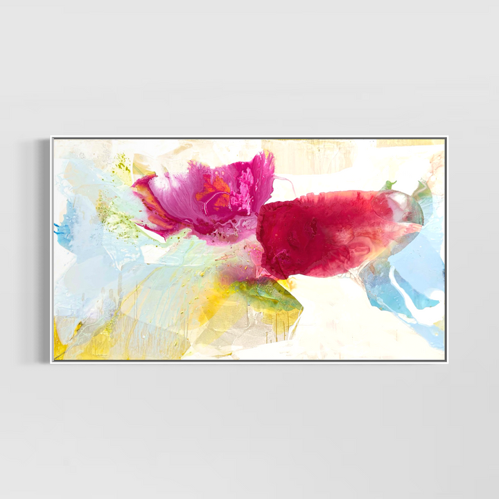 abstract expressionism painting mixed media organic shapes layered colors bright pink yellow and blue