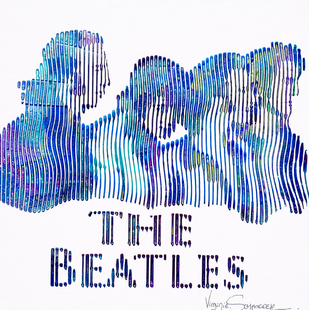 The beatles band music figurative portraiture in blue and green vertical lines on white background