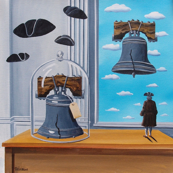 "Bells" by Italian artist Carlo Trevisan — a surrealist oil painting on canvas featuring two Liberty Bells: one displayed under a glass cloche on a wooden table, the other floating freely outside a window in a Magritte-inspired blue sky. A miniature colonial figure in a tricorn hat gazes outward as floating tricorn hats drift through the interior. Original contemporary surrealist Philadelphia Liberty Bell pop art painting on canvas available at Morton Contemporary gallery.