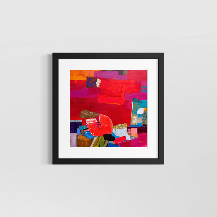 Lau Blou, Berceaux des trésors, acrylic paint, fabric, and gold leaf on canvas, 14 x 14 inches, shown in a white 17 x 17 inch mat and black frame on a light grey wall. Abstract painting of a round red shape and stacked blocks on red.