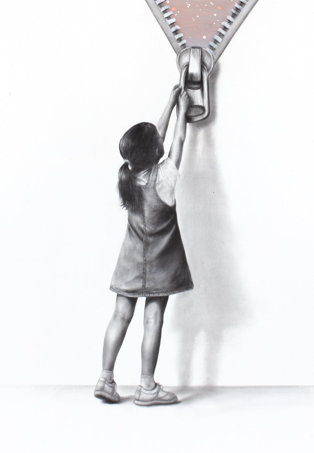 Beyond The Wall Of Reality’ by Ashvin Harrison is a contemporary surrealist painting featuring a monochromatic young girl pulling down a large zipper to reveal a vibrant dreamlike sky filled with colorful hot air balloons, cosmic splatter effects, and deep blue twilight tones. Created with coconut charcoal dust and acrylic on canvas, this mixed-media artwork contrasts realistic grayscale portraiture with expressive abstract color, symbolizing imagination, wonder, and escape beyond reality
