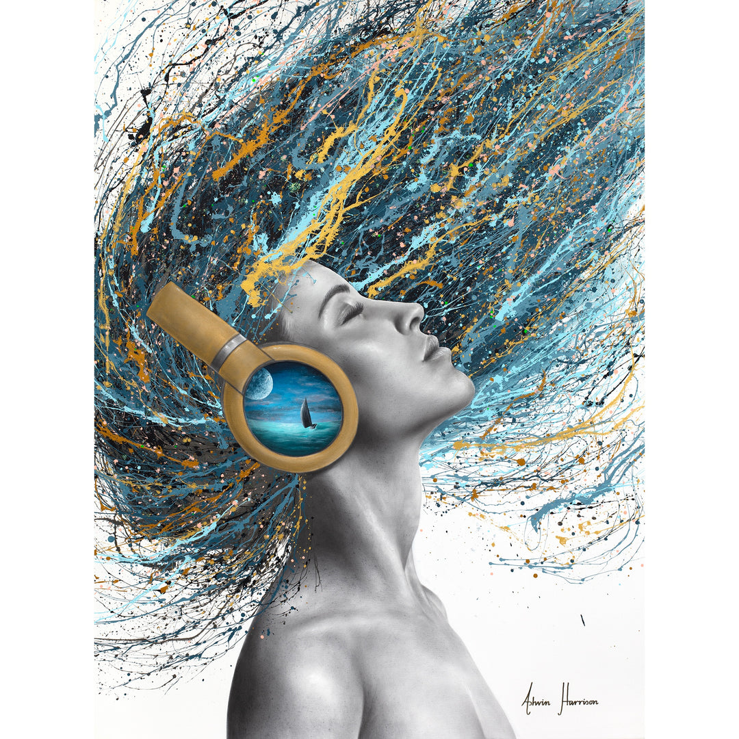 woman side profile face in black and white wearing gold headphones with sea scene flipping hair back in blue black and gold splatter paint on white background