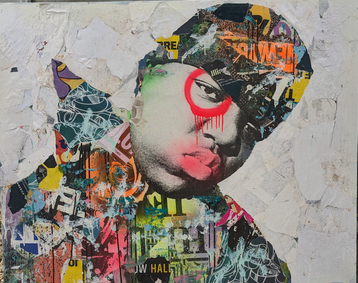 60"W x 48"H Acrylic paint, spray paint, wheat-paste, vintage advertisements, printed fragments on canvas. Biggie Smalls with graphics and DAIN&