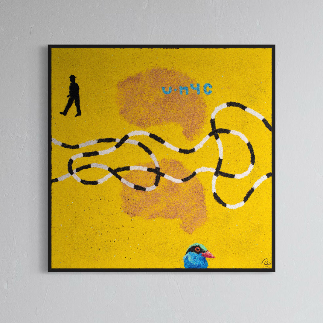 Bingo Bombard by Bob Lanstrom. Yellow pigmented volcanic rock on canvas, abstract artwork featuring a blue bird and a gentleman walking.