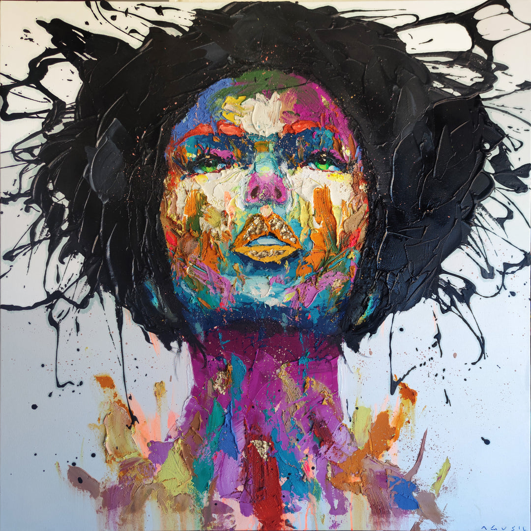 straight on portrait womans head looking up with green eyes multicolored face painted thick and abstract with black splatter hair and gold foil