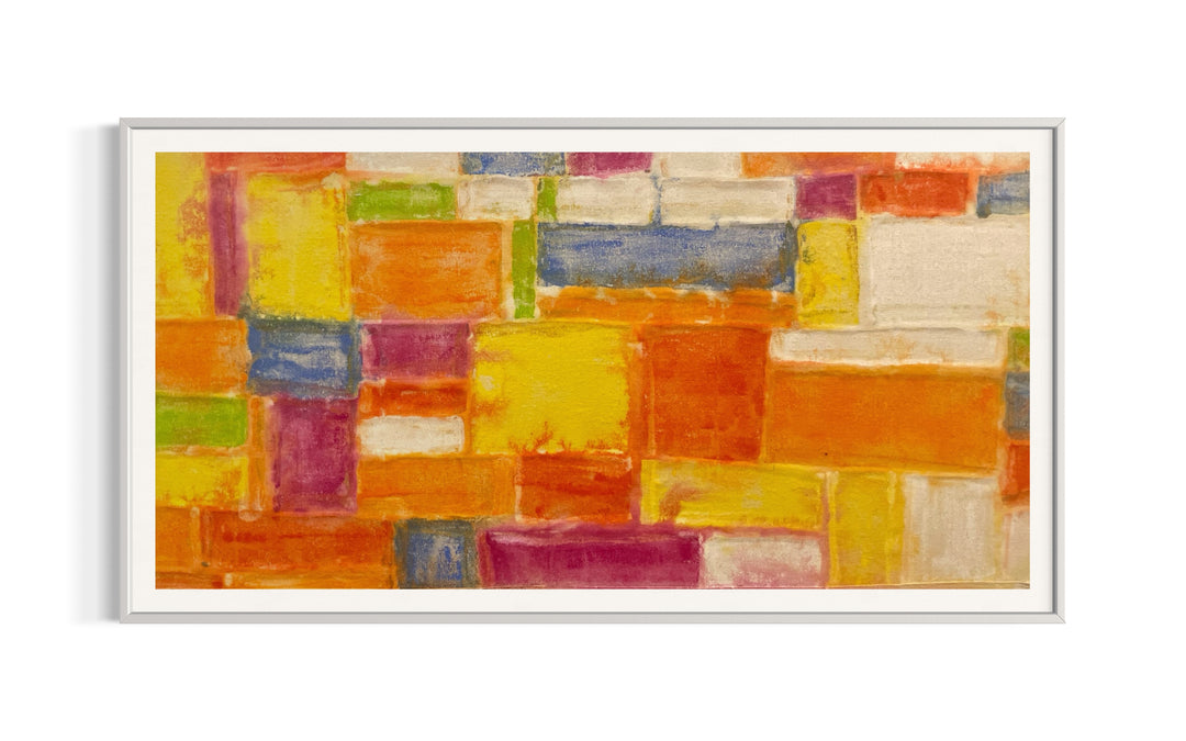 Blocks by Eric Heitmann, 60" x 30" watercolor on recycled sailcloth. Abstract modern geometric shapes painted on raw fabric in oranges and pink.