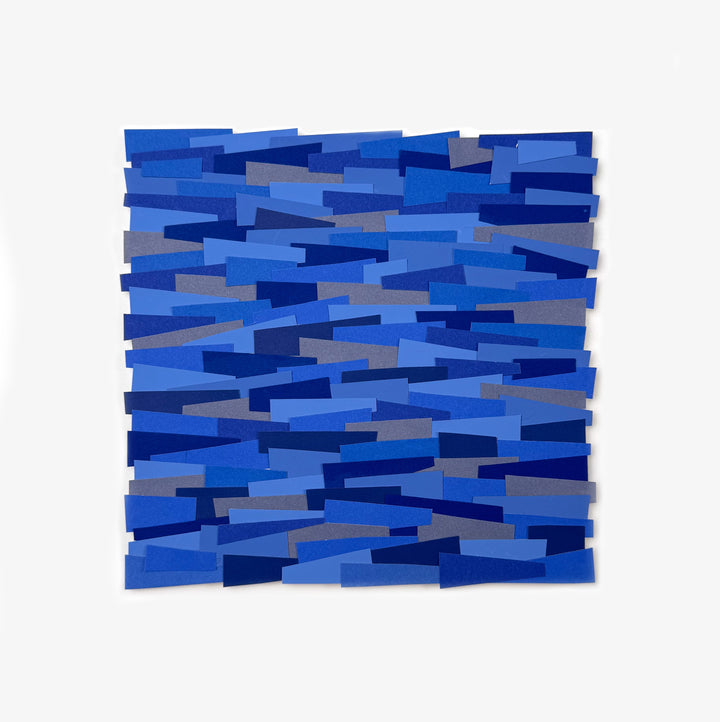 blue shades in light and dark cut paper collage strips in square shape