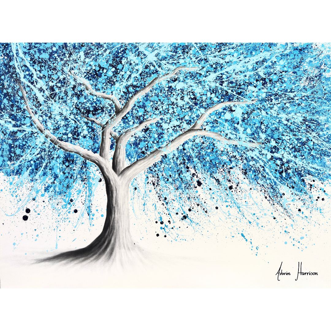 tree trunk and branches in black and white realistic with paint splattered blue expressionist abstract leaves acrylic in light blue and dark on white background