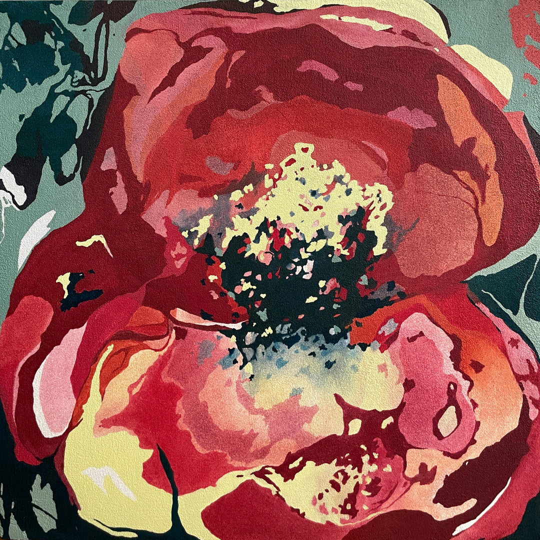 red and orange abstract flower blossom with texture varying line weight and green blue background