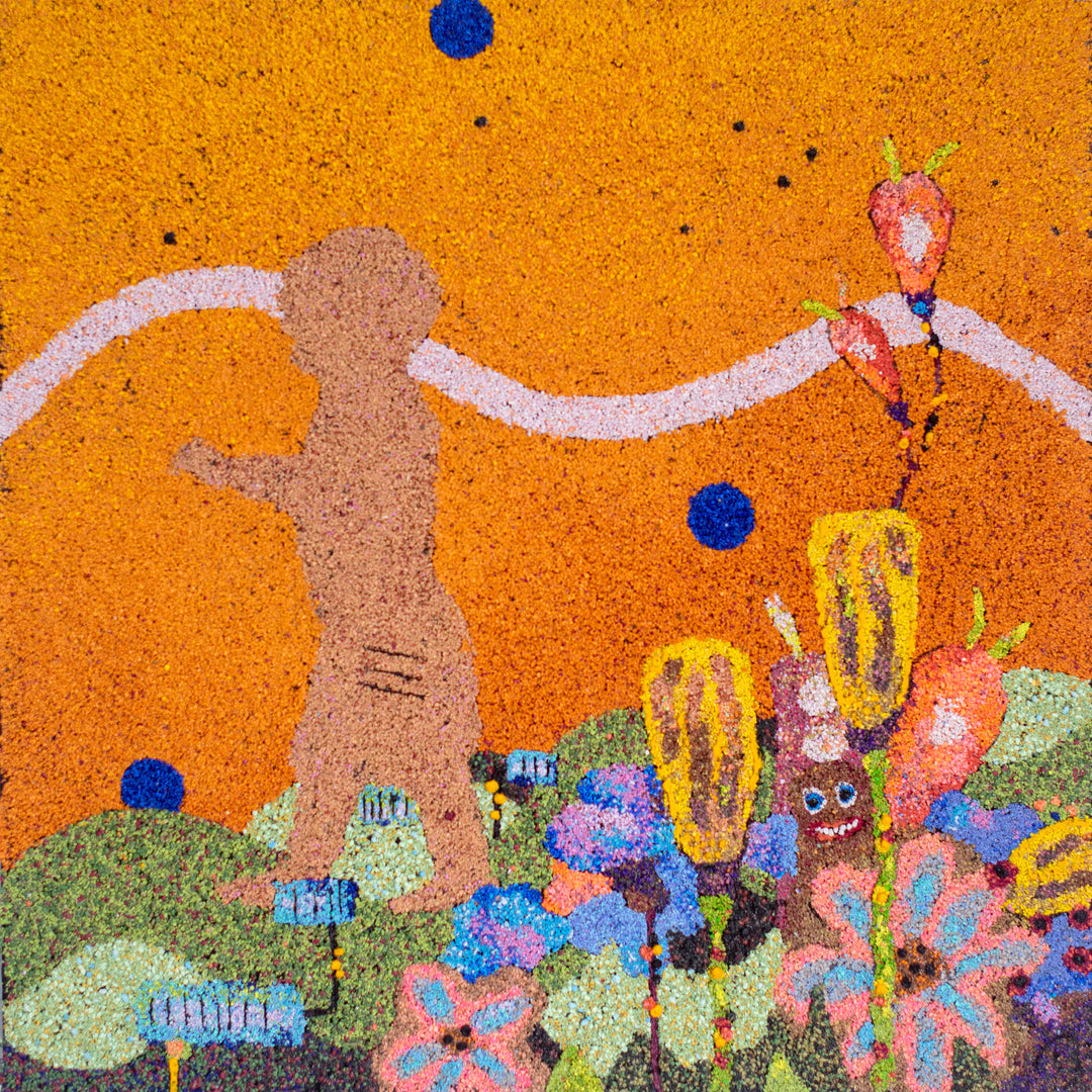 20"x20" abstract piece using crushed volcanic rock and acrylic paint with a child&