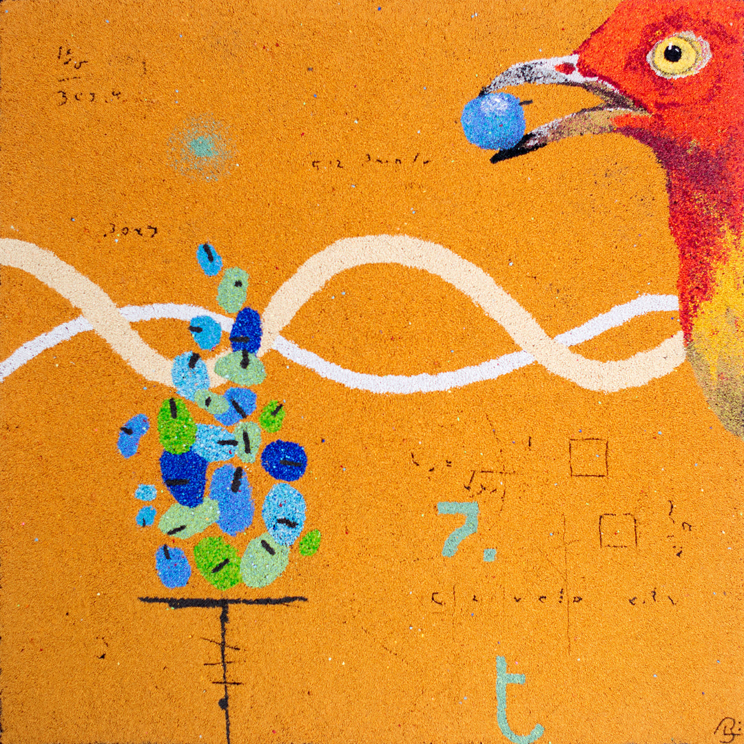 36"x36" abstract piece using crushed volcanic rock and acrylic paint with a bird and abstract forms over a yellow background. 