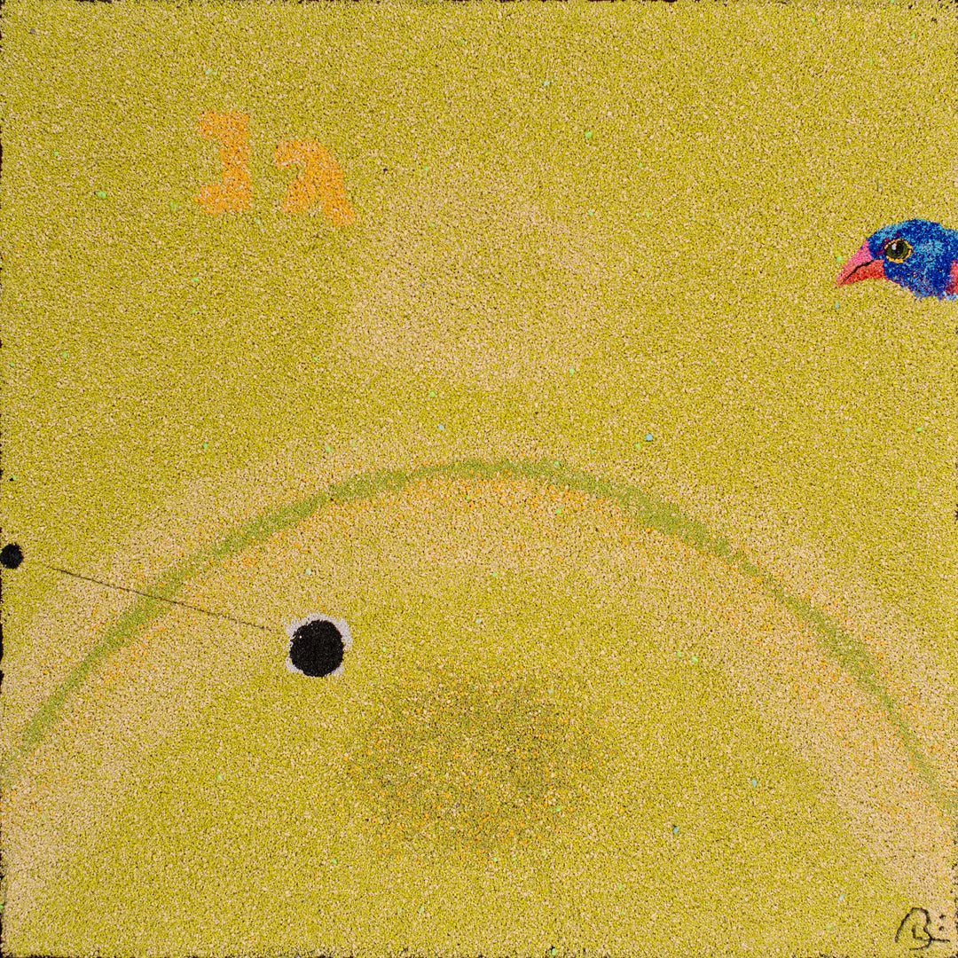 20"x20" abstract piece using crushed volcanic rock and acrylic paint with a bird and abstract forms over a yellow background. 