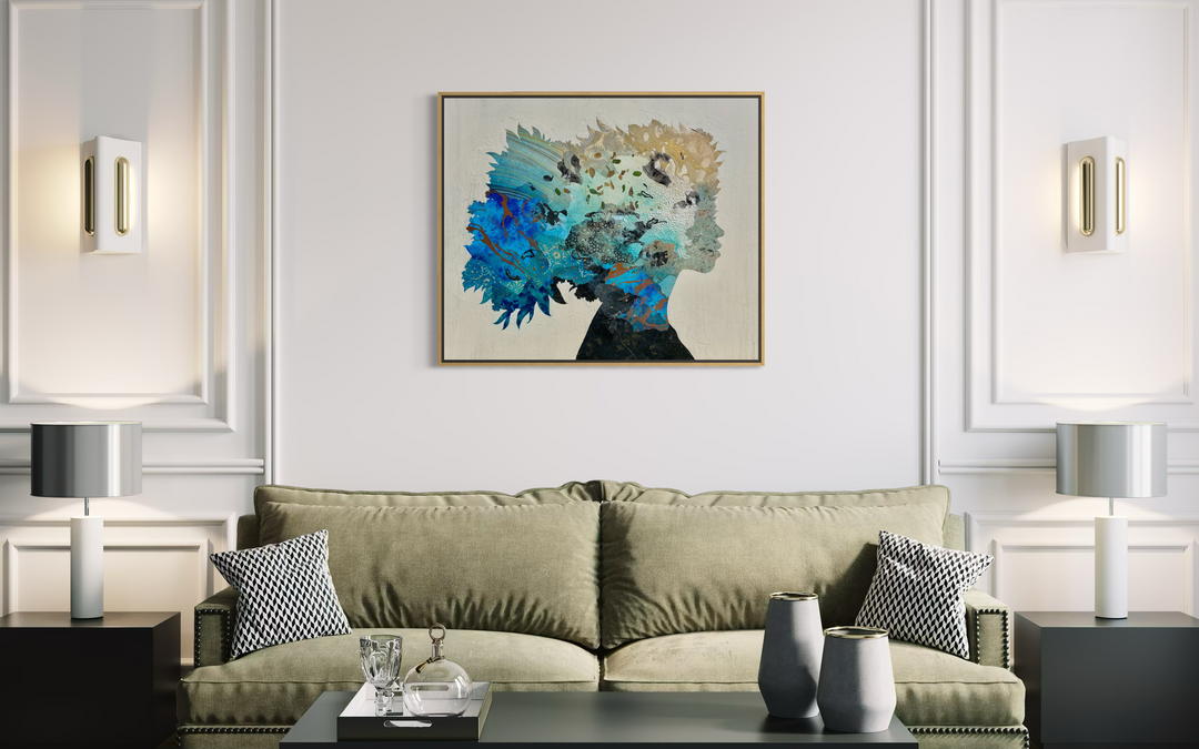 "Born to Bloom" by Christopher Peter — a mixed-media collage painting on canvas depicting a woman&