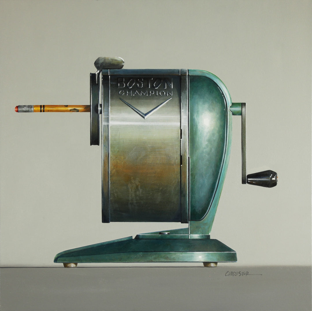 Realistic painting of a vintage manual Boston Champion pencil sharpener with a pencil and eraser. 30"X30" oil on canvas. Minimalist off white and grey background.