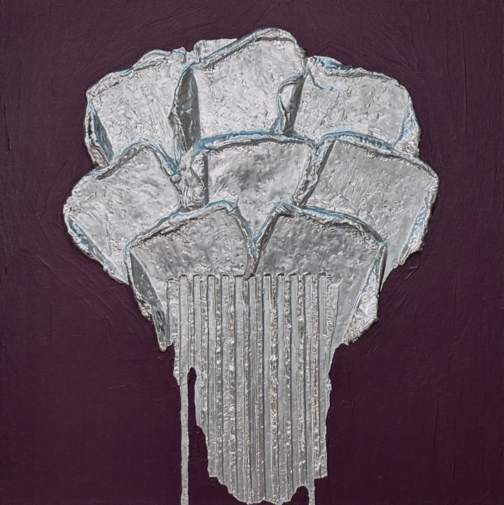 Lee in Cerulean, Botanic Chrome, joint compound and acrylic, 14 x 14 inches. A silver flower-like form of layered petal shapes on a vertically ribbed stem with drips at the base, on a dark plum background.